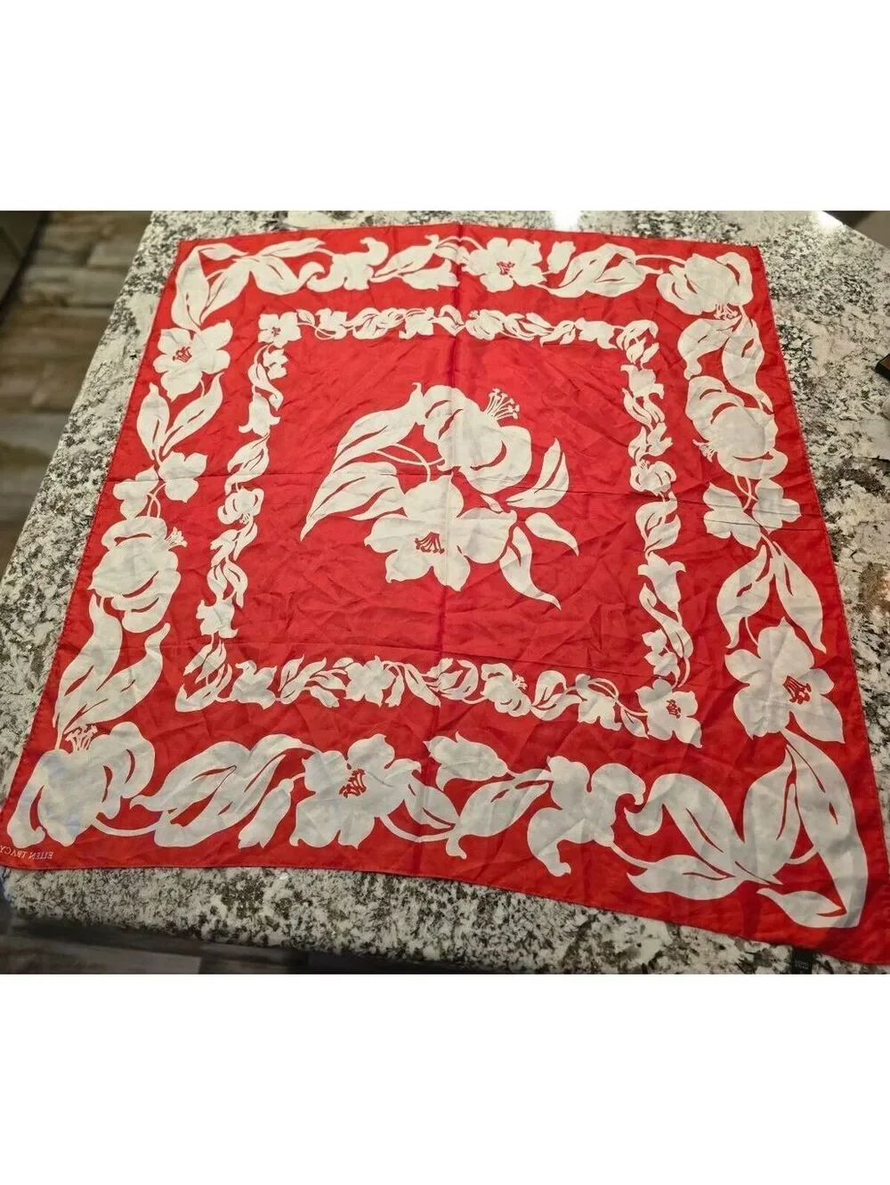 Vintage Ellen Tracy Red White Hibiscus Floral 100% Silk Square Scarf